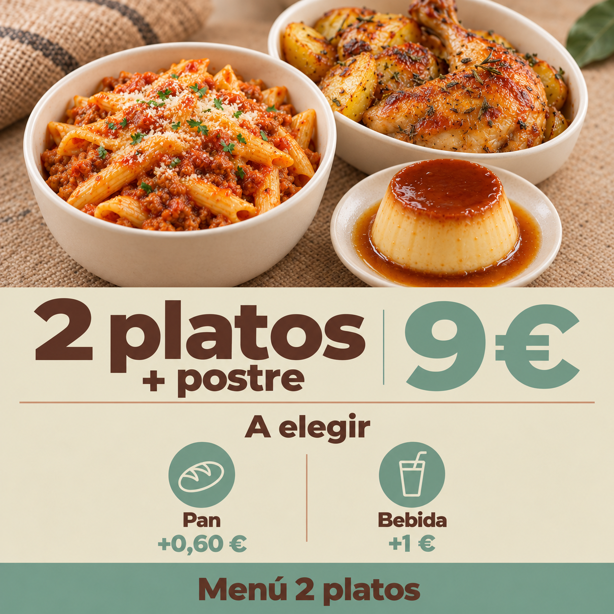 Menú de dos platos y postre por 9 €. Extras: pan 0,60 € y bebida 1 €.